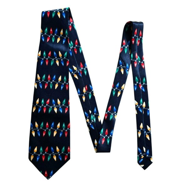 VTG Parquet Christmas Light Neck Tie Multicolor Bulbs Navy Blue Holiday Novelty - Picture 4 of 6